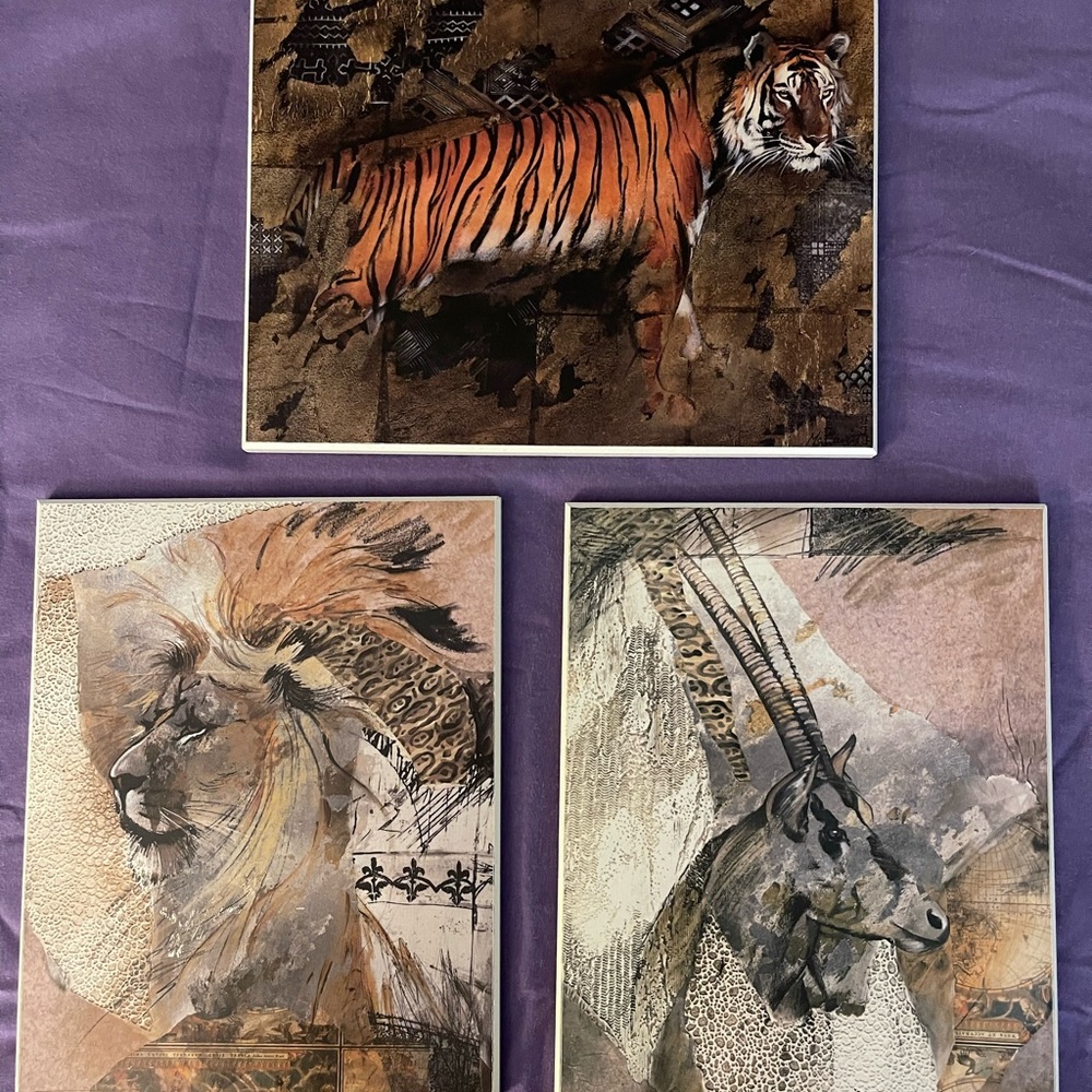 Stunning, African Animal Abstract Art Plaques.  Set of 3: Tiger, Lion, Antelope.